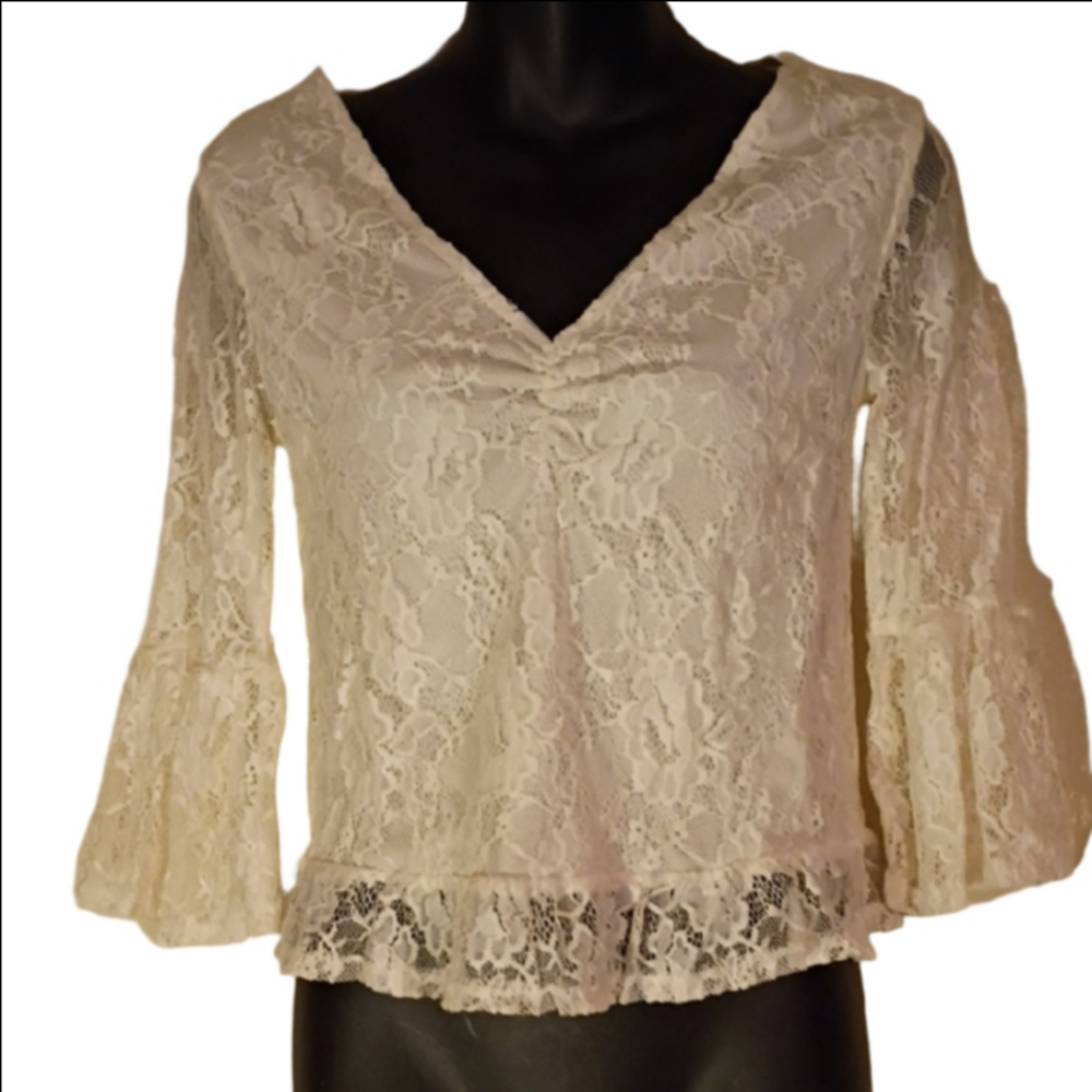Y2K  Ish Cream Lace V-Neck Blouse. Bell Sleeves. Fairy Core Vibes.